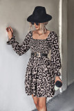 Smocked Square Neck Leopard Print Mini Dress