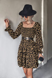 Smocked Square Neck Leopard Print Mini Dress