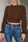 Spot Print Ruffle Neck Back Hollow Out Long Sleeves Crop Top