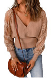 Brown V-Neck Lace Sleeve Pullover Sweater