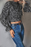 Spot Print Ruffle Neck Back Hollow Out Long Sleeves Crop Top