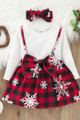 Girl Knit Top with Buffalo Plaid Snowflake Print Dress with Bow 