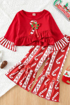 Red Christmas Print Girl Long Sleeves Top and Flare Pants 2pcs Set