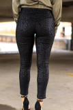 Black Sheen Leopard Print Mid Rise Skinny Pants