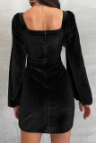 Black Puffy Sleeves Hollow Out Ruched Bodycon Velvet Dress
