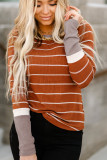 Brown Extend Color Block Cuffs Rib Knit Striped Pullover