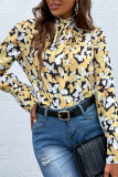 Neck Tie Puff Sleeve Butterfly Printing Shirt 