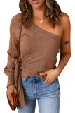 Brown Tie Knot One Shoulder Knitted Sweater