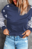 Blue Striped Star Print Patchwork Long Sleeve Top