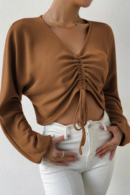 Brown Waffle Knit Ruched Crop Top