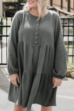 Plus Size Buttoned Long Sleeve Tiered Dress
