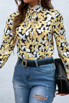Neck Tie Puff Sleeve Butterfly Printing Shirt 