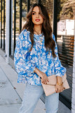 Blue Floral Print Puffy Sleeve Babydoll Blouse