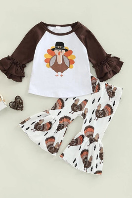 Thanksgiving Turkey Print Kid's Long Sleeve Top and Bell Pants 2pcs Set
