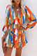 Multicolor Abstract Print V Neck Long Sleeve Tie Waist Mini Dress
