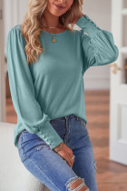 Plain Round Neck Button Cuff Long Sleeves Top