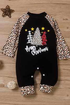 Merry Christmas Print Splicing Leopard Baby Rompers
