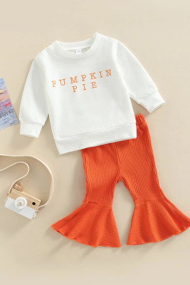 Pumpkin Pie Print Girl Top with Orange Rib Bell Pants 2pcs Set