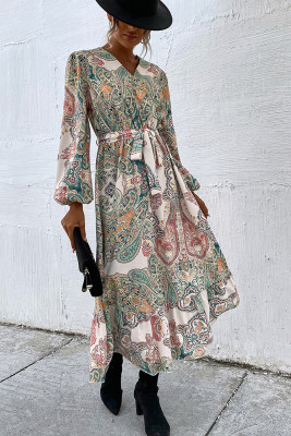 Vintage Ethnic Print Long Puff Sleeve Ruffle Dress 