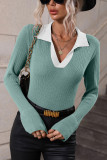 Color Block Lapel Collar Flare Sleeves Knit Top
