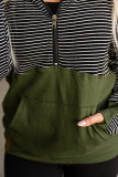 Green Half Zip Stripes Patchwork Hoodie