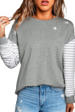 Gray Striped Star Print Patchwork Long Sleeve Top