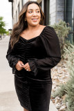 Black Plus Size Ruched Puffy Sleeve Bodycon Dress