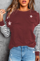 Red Striped Star Print Patchwork Long Sleeve Top