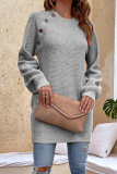Plain Side Neck Buttons Long Length Knit Sweater Top