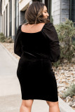 Black Plus Size Ruched Puffy Sleeve Bodycon Dress