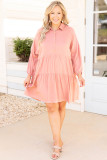 Pink Plus Size Shirt Buttoned Style Puff Sleeve Dress
