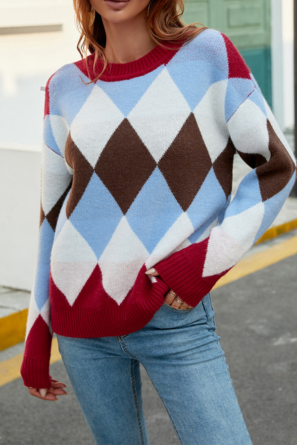 Multicolor Diamond Plaid Knit Sweaters