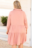 Pink Plus Size Shirt Buttoned Style Puff Sleeve Dress