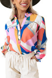 Pink Geometric Patchwork Print Half Buttoned Blouse