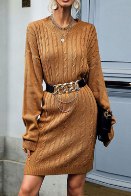 Brown Cable Knit Sweater Dress