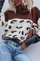 Leopard Colorblock Splicing Turtleneck Sweater  