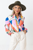 Pink Geometric Patchwork Print Half Buttoned Blouse