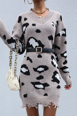 Grey V Neck Raw Trim Leopard Knit Sweater Dress