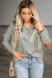 Gray Buttoned Elbow Patchwork Rib Knit Top