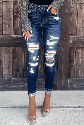 Blue Distressed Skinny Jeans with Slits