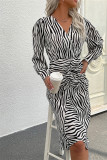 Zebra Striped V Neck Irregular Length Midi Dress