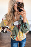 Green Square Neck Mixed Print Blouse