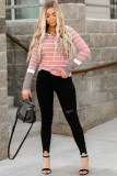 Pink Extend Color Block Cuffs Rib Knit Striped Pullover