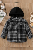 Button Up Pockets Plaid Hooded Kids Coat 