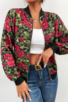 Front Open Zipper Floral Baseball Jacket Coat 