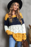Yellow Round Neck Side Slit Pointelle Color Block Sweater