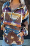 Multicolor Aztec Half Zip Hooded Sweatshirt with Pocket