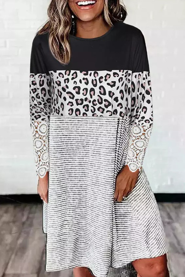 Black Striped Leopard Patchwork Lace T Shirt Dress