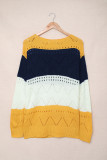 Yellow Round Neck Side Slit Pointelle Color Block Sweater