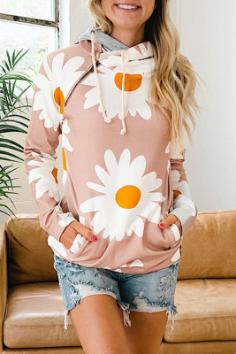 Pink Daisy Print Zipped Doublehood Sweatshirt